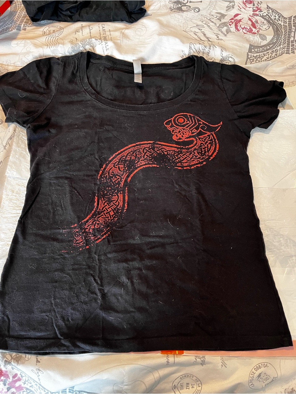 Black Graphic Scoop Neck Tee with Red Serpent Print